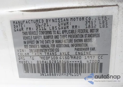 2021 Nissan Sentra S Xtronic Cvt z USA, uszkodzony, nr VIN 3N1AB8BV2MY296109